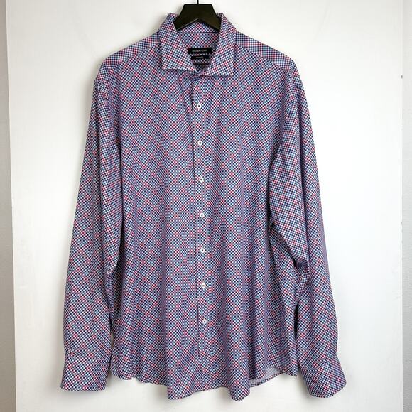 Bugatchi Classic Fit Performance Button Up Shirt Purple Red Blue Check - XXL 2XL - Picture 2 of 10
